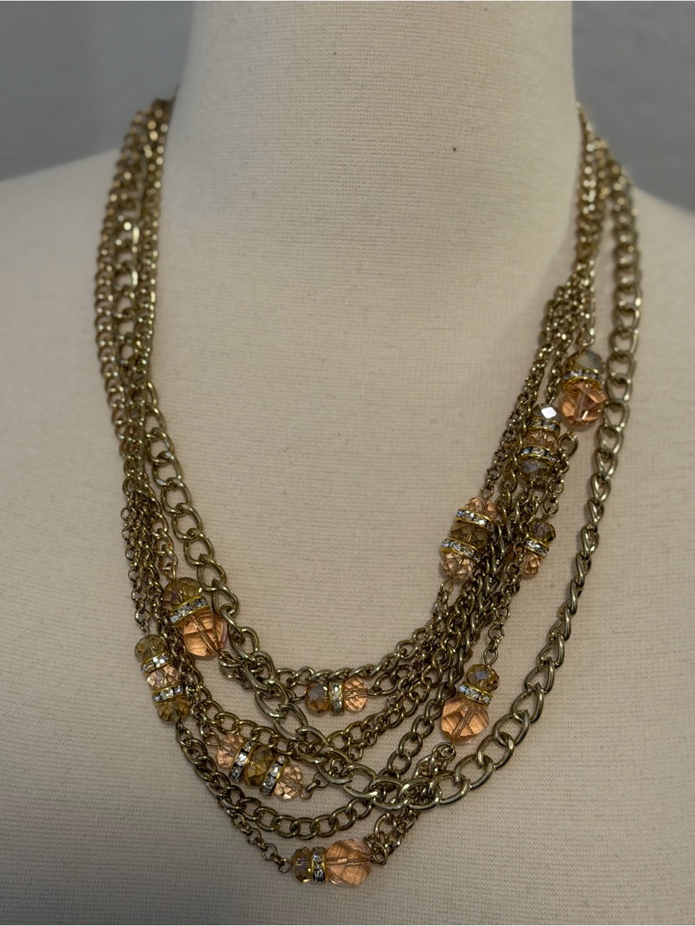 Vintage Multi-Strand Gold-Tone Necklace with Amber Beads - Picture 2 of 3